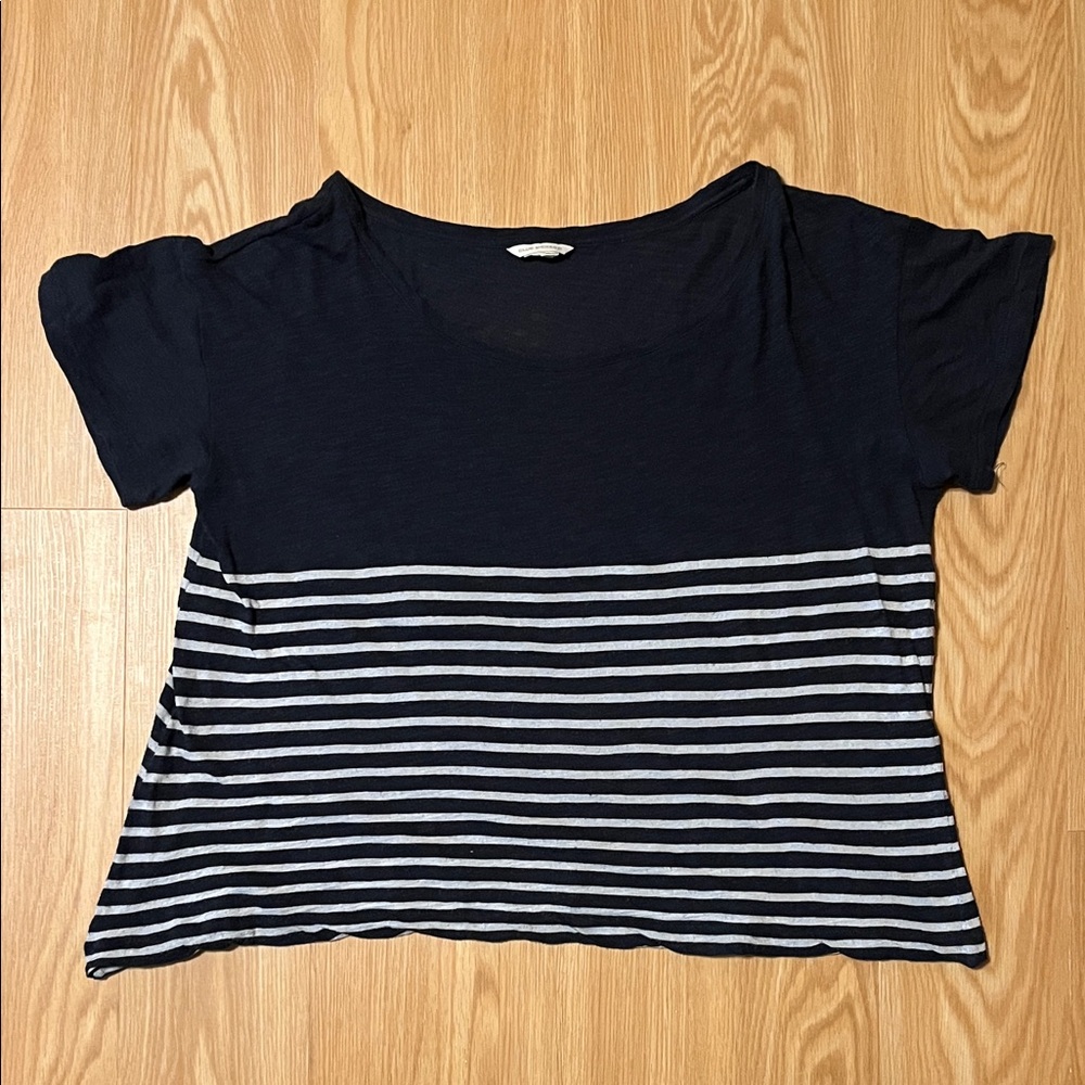 Club Monaco Navy and White Striped Short Sleeve Sweater